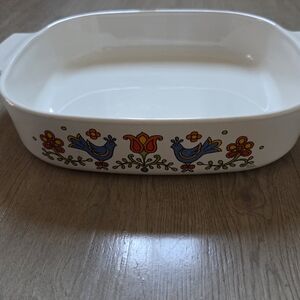Corningware White Baking Dish with Colorful Bird Design